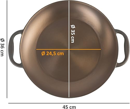 Mahlzeit Poêle à paella polie de 35 cm - Poêle en fonte avec deux poignées - Poêle à paella - Passe au four - Poêle à paella - Poêle à paella en fonte - Pour barbecue à gaz, PAN22G - Nail Gallerys