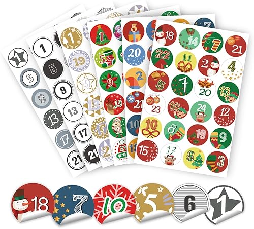 ABSOFINE Lot de 6 feuilles de 24 chiffres autocollants ronds pour calendrier de l’avent 4 cm de diamètre, pour bricoler, décorer, offrir - Nail Gallerys