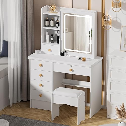 Coiffeuse avec Miroir et Tabouret, Miroir Coulissant, 6 Tiroirs Spacieux, Rangements Cachés & Tabouret Rembourré, Design Épuré pour Chambre et Dressing - Nail Gallerys