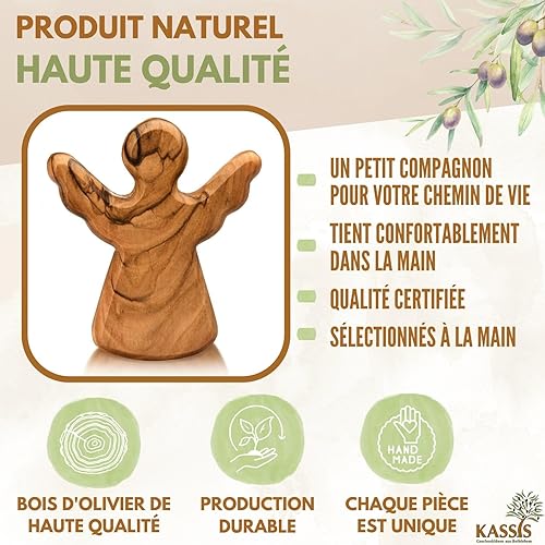 Kassis Ange gardien porte-bonheur en bois d’olivier – Figurine d’ange faite main, décoration de Noël, cadeau pour naissance, baptême, communion, confirmation ou anniversaire – Porte-clés sans gravure - Nail Gallerys