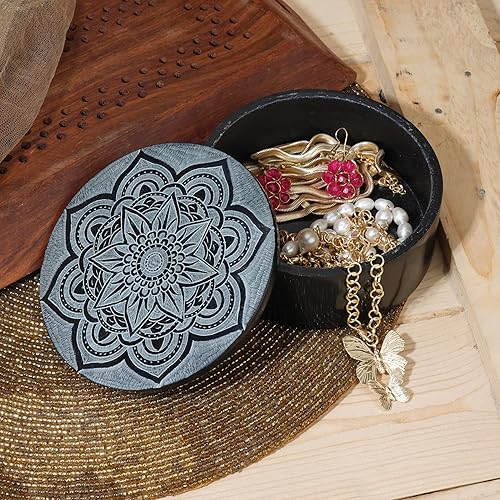 Ajuny Boîte Décorative Ronde en Stéatite Faite à la Main en Marbre Noir Sculptures de Mandala Polyvalente Comme Rangement de Bijoux Porte Bague Bibelots Décoration Intérieur Cadeaux 5 X 2 pouces - Nail Gallerys