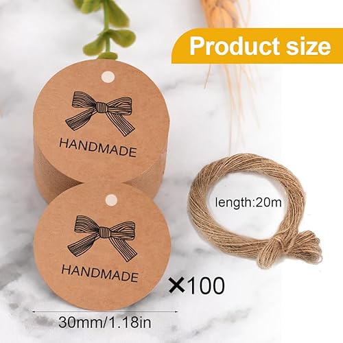 XPEX 100 Pièces Étiquettes en Papier Kraft Rond étiquettes faites à la main,Étiquette Kraft Avec Ficelle Diametre 3cm de Jute 20m pour Bricolage Emballage Cadeau de Noël, Mariage, Fête, Artisanat - Nail Gallerys