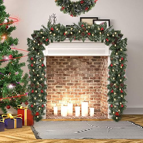 Guirlande Sapin Artificiel Nëol Lumineuse Vert avec Pomme de pin Fruit Rouge,Couronne Sapin Noël pour décoration Cheminée Porte Escalier (60CM, Couronne avec LED) - Nail Gallerys