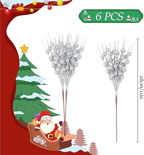 YiYa 6 PCS Décoration de Baies Argent artificielles Branches Tiges De Baies Scintillantes De Noël pour Décorations De Noël Guirlande Bricolage Artisanat Décoration Vase（28cm） - Nail Gallerys
