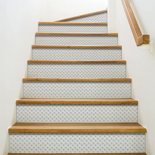 Lot de 3 Contremarches adhésives Fiore Mimosa, 19,5 x 100 cm, motif géométrique fleurs blanches sur fond jaune. Autocollantes et faciles à poser. - Nail Gallerys