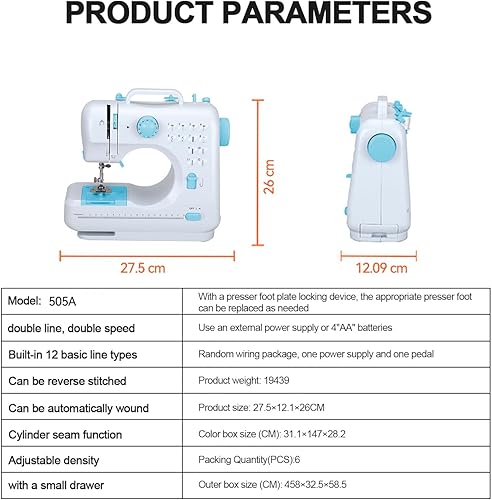 Uadme Machine à Coudre Débutant, Portable 12 Points, Double Fil, Électrique 505, Bleu, 27.5 x 12.1 x 26 cm - Nail Gallerys