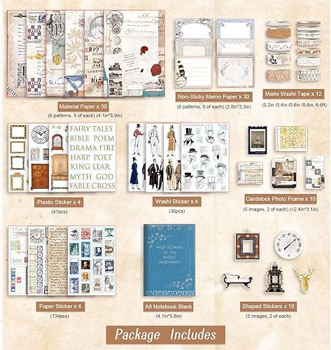 NOGAMOGA Antique Scrapbook Journaling Accessories, Retro Junk Journal Accessory Set with A6 Notebook, Washi Tape Set, Stickers, Scrapbook Material, Scrapbook Gift Supply for Adults, Craftors - Nail Gallerys