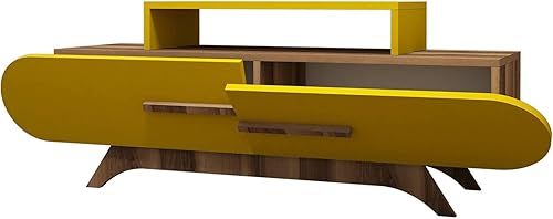 Dmora - Meuble TV Praesepe, Buffet de Salon, Armoire Basse pour TV, Base Murale de Rangement, 145x37 h50 cm, Noyer et Jaune - Nail Gallerys