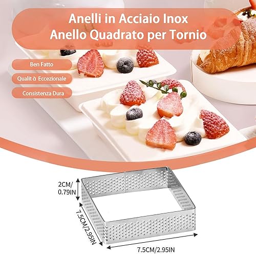 Xanewza Lot de 6 bagues microperforées tarte, moule carré perforé en acier inoxydable 430, anneau perforé pour tartes pâtisseries, mini gâteaux, mini pizzas, muffins (7,5 x 7,5 x 2 cm) - Nail Gallerys