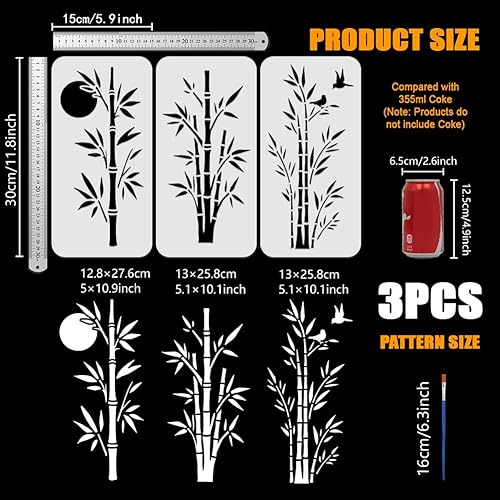 FINGERINSPIRE 3Pcs Pochoir de Dessin en Bambou Avec Un Pinceau 30X15cm Modèle de Peinture D'Oiseaux de Lune Pochoir de Décoration DIY en Bambou de Style Chinois pour Peinture sur Bois Mur Tissu Meuble - Nail Gallerys