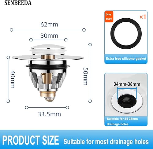 Senbeeda Bonde de Lavabo Pop-Up, Universel Filtre de Vidange Anti-Bloqué, Bouchon Lavabo, Bonde et Clapet Baignoire en Acier Inoxydable, Bouchon Baignoire pour Lavabo Cuisine pour 34-38mm Trou Vidange - Nail Gallerys