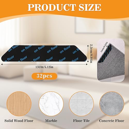 32 Pièces Autocollants pour Tapis Lavables, 13 x 2.5 cm Anti Glisse Tapis Réutilisable, Polyuréthane Noir Autocollants pour Tapis, Pinces à Tapis Antidérapantes pour Bureau Cuisine Salle de Bain - Nail Gallerys