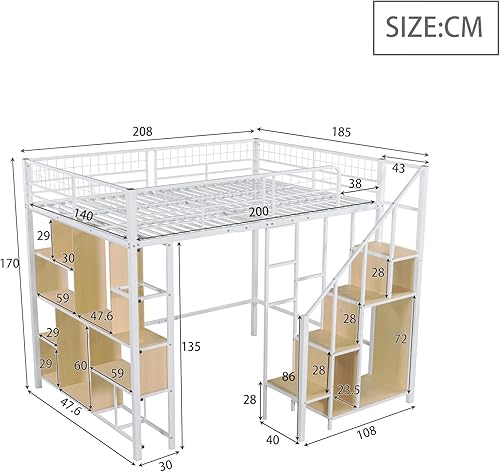 Merax Métal Lit Mezzanine 140 x 200 cm avec Étagère, Multifonctionnel Lit Mezzanine 2 Place avec Espace de Stockage, pour Enfant, Blanc (sans Matelas) - Nail Gallerys