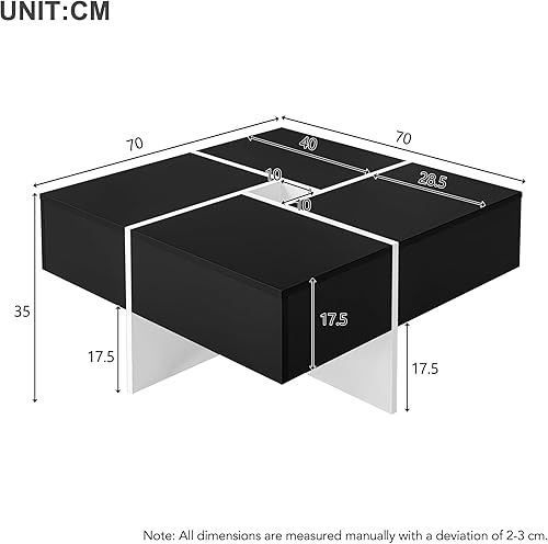 LULUWA Table Basse Carrée Moderne Noire et Blanche 70 x 70 x 35 cm avec Compartiment de Rangement Central de 10 x 10 cm Charge Maximale 30 kg (Noir) - Nail Gallerys