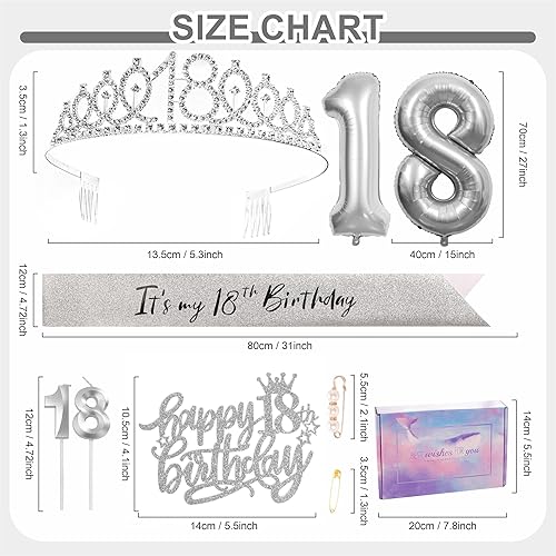 Décoration argentée 18e anniversaire pour fille - Ensemble de diadème - Ruban de fête d'anniversaire - Couronne - Gâteau d'anniversaire - Chiffre 18 - Ballons en aluminium - Bougies - Cadeaux - Nail Gallerys
