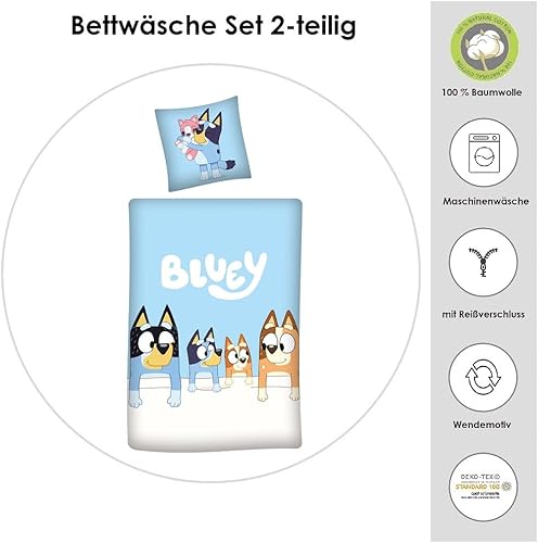 Familando Linge de lit Bluey 135x200 80x80 pour Enfants · Linge de lit Enfant Bleu en 100% Coton avec Fermeture éclair · Motif Bluey Family Bingo Bandit Chilli - Nail Gallerys