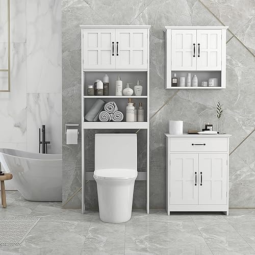 kleankin Meuble WC Dessus de Toilette Meuble Toilettes WC Rangement Armoire de Rangement de Salle de Bain avec niches et Placard à Double Porte, étagère réglable, Blanc - Nail Gallerys