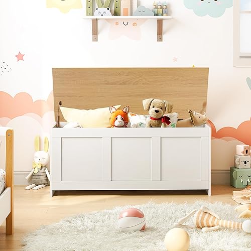 HOORBO Coffre de Rangement, Coffre avec charnière de sécurité, Banc de Rangement, Coffre à Jouets avec Couvercle Rabattable, Boite Polyvalente pour Chambre, Blanc et Couleur Bois EWN141CW01 - Nail Gallerys