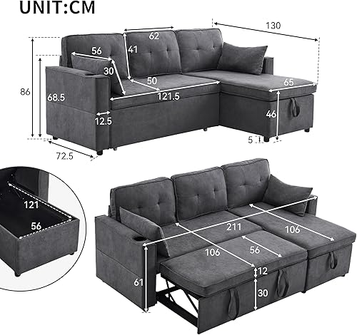 Canapé Convertible 3 Places en L Avec Espace de Rangement et Porte-Gobelet - Canapé Lit Moderne Design, Angle Gauche et Droit - Gris - Nail Gallerys