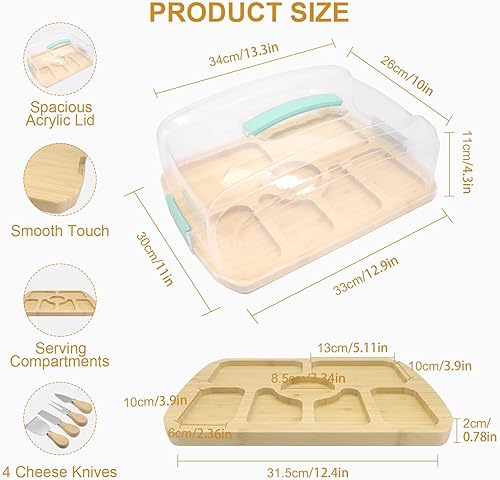 Planche à fromage avec 4 ustensiles, planche à charcuterie portable avec couvercle et poignée pour viande, collation, voyage, planche à fromage en bambou, coffret cadeau pour fêtes, invités, - Nail Gallerys