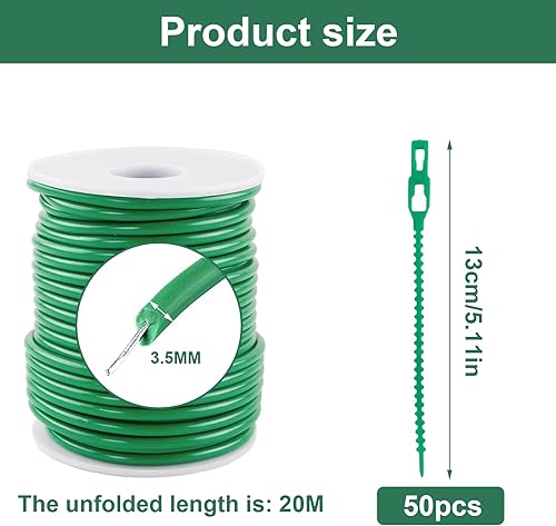 BDHYYM 3,5 mm x 20 m de fil caoutchouté pour plantes + 50 attaches pour plantes vertes, fil de liaison gainé, fil de jardin souple et épais, fil de liaison caoutchouté, pour stabiliser les plantes - Nail Gallerys