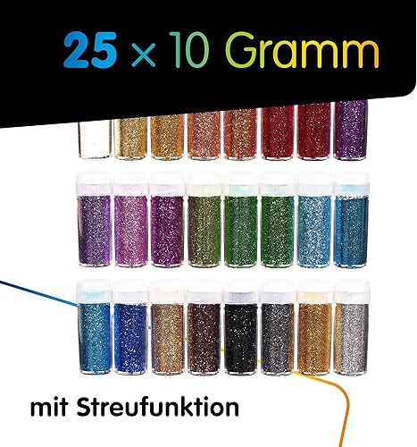 perfect ideaz set de poudre pailletée de couleur 24 x 10 g (240g), 24 couleurs, poussière pour bricolage avec couvercle saupoudreur, sable décoratif idéal pour bricoler les enfants, set décoration - Nail Gallerys