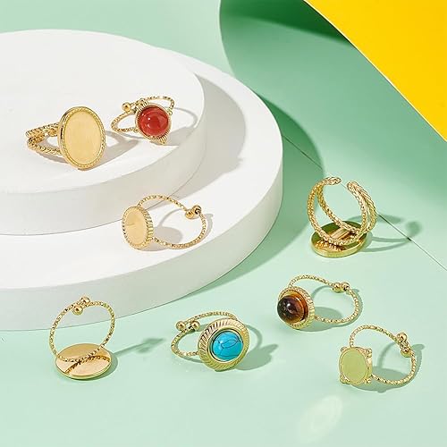 UNICRAFTALE 8 pièces 4 styles Bague Ouverte Ronde Ovale 304 Acier Inoxydable Motif Sculpté Lunette Bague Ouverte pour la Fabrication de Bijoux Or 18 carats - Nail Gallerys