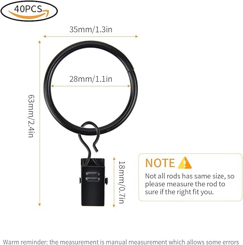 40 Pièces Anneaux Rideaux Metal avec Pinces Pince a Rideau Métal Anneaux Clip Rideau pour Salle de Bain Fenêtre Chambre à Coucher (Noir) - Nail Gallerys
