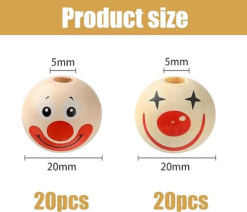 Generisch Lot de 20 têtes en bois pour les vers de soucis - Perles en bois de clown de 20 mm avec trou - Motif clown souriant - Pour projets d'artisanat et tissage de perles - Nail Gallerys