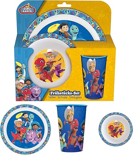 p:os 35133 - Set Petit-déjeuner Dino Ranch, Set de Vaisselle 3 pièces avec Assiette, Bol et gobelet, Vaisselle pour Enfants en Plastique, Lavable au Lave-Vaisselle/Micro-Ondes - Nail Gallerys