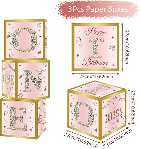 Decoration Anniversaire 1 An Fille, 3 Pièces Boîtes de Décoration D'anniversaire Roses avec la Lettre 'ONE', Cube D'anniversaire Rose et Or avec un Motif de Diamant pour Fête 1er Anniversaire Fille - Nail Gallerys