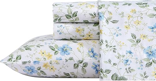 Laura Ashley Accueil Parure de lit en Satin de Coton Doux pour Grand lit – Élégante décoration d'intérieur Lisse et Respirante (Meadow Floral Blue, 4 pièces, Grand lit) - Nail Gallerys