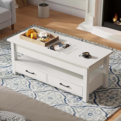 Rolanstar Table Basse en Bois avec Plateau Relevable, Table de Salon avec 2 Tiroirs, Grand Rangement Caché et Compartiment Ouvert, Style Scandinave pour Salon, Bois Clair - Nail Gallerys