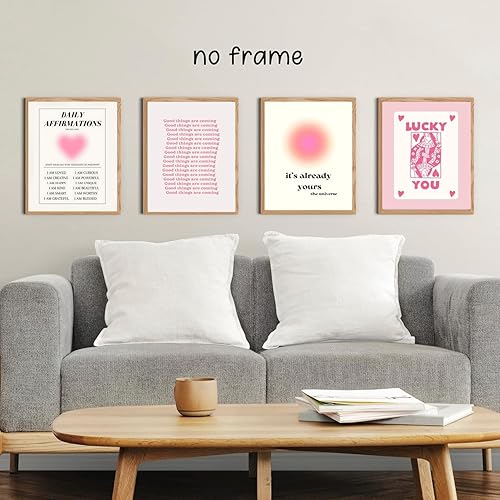 Linilioart Lot de 4 affiches murales rose Preppy Affirmations quotidiennes - Décoration de chambre à coucher - Style rétro - Esthétique - Décoration de chambre à coucher - Sans cadre (40 x 50 cm) - Nail Gallerys
