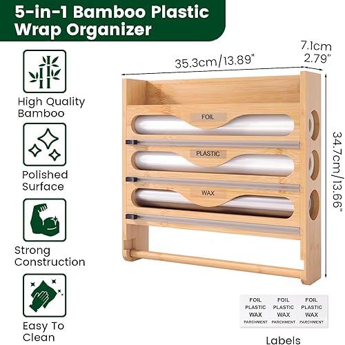 NBUABX Derouleur Film Alimentaire avec Porte Sopalin et Étagère à Épices, Distributeur Papier Aluminium et Film, Support de Rangement Cuisine, Organisateur d'emballage de Cuisine en Bambou - Nail Gallerys