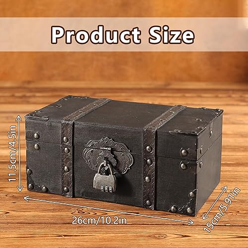 QINGYIWL Petit coffre au trésor vintage en bois - 26 x 15 x 11,5 cm - Avec serrure - Petit coffre au trésor pour le rangement et la décoration - Coffre au trésor en bois pour anniversaire d'enfant - Nail Gallerys