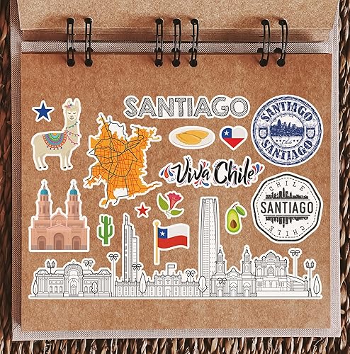 Feuille d'autocollants A5 en vinyle représentant des monuments de Santiago – Timbres de l'aéroport du Chili, horizon, drapeau, carte de voyage, vacances, scrapbooking, bagages de ville #79146 - Nail Gallerys