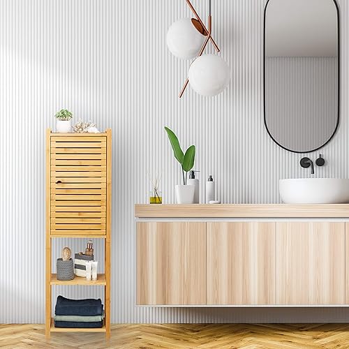 Relaxdays Etagère Bambou, 5 rangements, avec Porte, Salle de Bain, Cuisine, 113 x 35 x 29 cm, Nature, MDF, 1 - Nail Gallerys