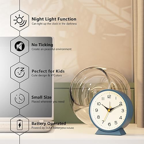 AYRELY® Réveil analogique de table en métal avec lumière, style rétro, fonctionnement sur pile, silencieux, pour décoration de salon, chambre, chevet, petite taille, 11,4 cm (bleu) - Nail Gallerys