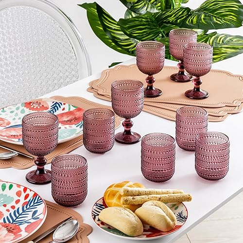 Baroni Home Set de 6 Verres à Pied en Verre Décorés avec des Finitions en Relief de 20 CL, Verres pour Vin et Eau, Lavables au Lave-Vaisselle, 8x8x14,5 cm, Rose - Nail Gallerys