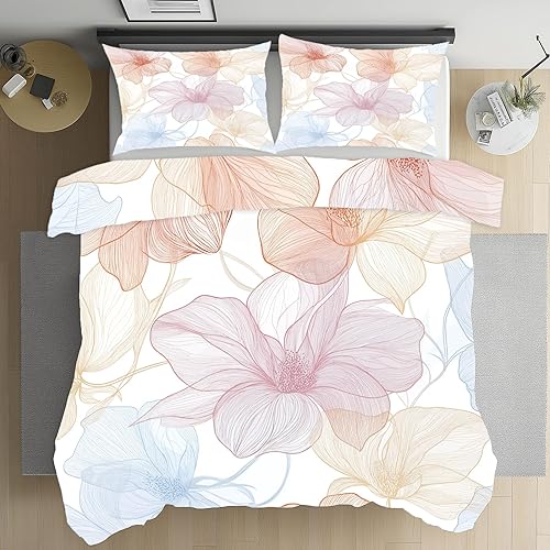 Kntnshac Motif Floral Orchidée Housse de Couette 90 x 190 cm, Fleurs Dessinées Main Duvet Cover with Zip 2 Pillowcases 65 x 65 cm, Blanc Microfibre Bedding Set - Nail Gallerys