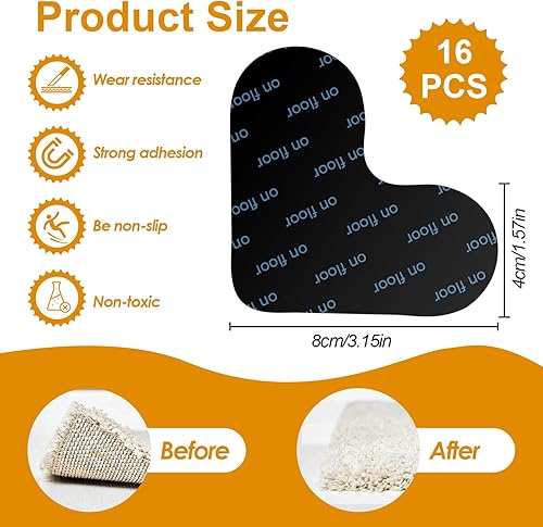 queenail 16 Pièces Anti Derapant Tapis Réutilisable, Rug Grippers, Forme de Coeur Tapis Antidérapant, Anti Curling Carpet Grippers Coin Lavable, Adhésif Puissant,Tapis Autocollants pour Tapis d'angle - Nail Gallerys