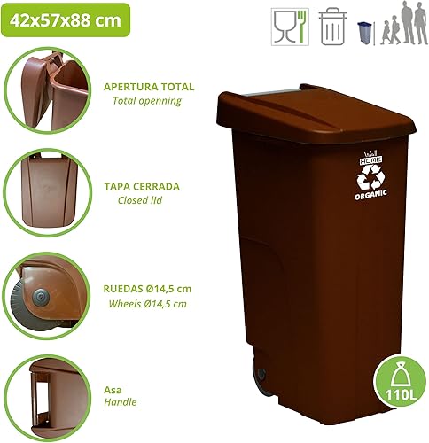 Conteneur Wellhome Recycle 110 litres, fermé avec couvercle, idéal pour le recyclage des déchets organiques, avec roues - Nail Gallerys