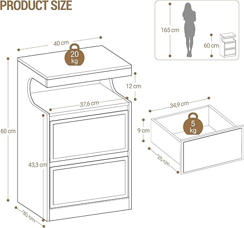 Hzuaneri Table de Chevet avec Bande LED, Tables d'Appoint avec 2 Tiroirs, Table de Nuit avec Compartiment Ouvert, pour Chambre à Coucher, Salon, 30 x 40 x 60 cm Blanc NS49113X - Nail Gallerys