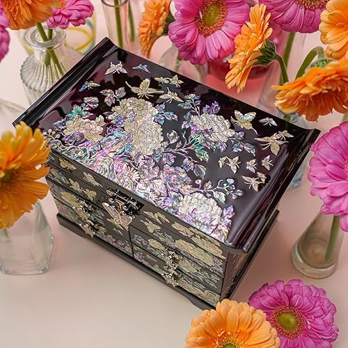 February Mountain Boîte de rangement à bijoux en bois nacré pour femme, avec tiroirs spacieux, idéale pour bagues, bracelets, montres, chaînes, accessoires - Nail Gallerys