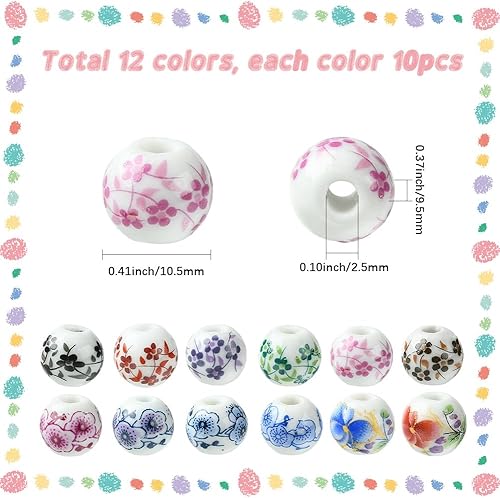 SUNNYCLUE 1 boîte de 120 Perles Rondes en Porcelaine de 12 Couleurs 10.5mm en Céramique avec Imprimé Floral Coloré pour la Fabrication de Bijoux Colliers Bracelets Boucles d'oreilles Loisirs Créatifs - Nail Gallerys
