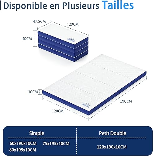 Doubleslee Matelas Pliable 2 Places 120×195 | 4 Plis Matelas d'appoint Ultra-Portable | Matelas pour Invités Mousse Confortable | Épaisseur 10 cm | Housse Lavable | pour Camping, Voyages - Nail Gallerys