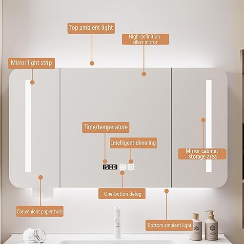 Armoire Pharmacie Murale Coins Arrondis avec Tactile, Anti-Buée en Bois Massif, Miroir Température avec le Temps, 3 Lumières de Couleur (Blanc, 90*13*70cm/35) - Nail Gallerys