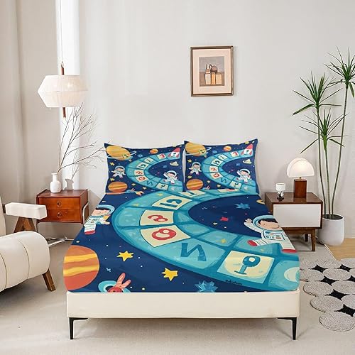 Draps Housses 80x160 cm Poche Profonde de 30 cm pour 1 Personnes, ThèMe de l'espace Mignon Parure de Lit 3 pièces Microfibre Brossé Extra Doux, Bleu Résistant Décoloration Drap Housse - Nail Gallerys