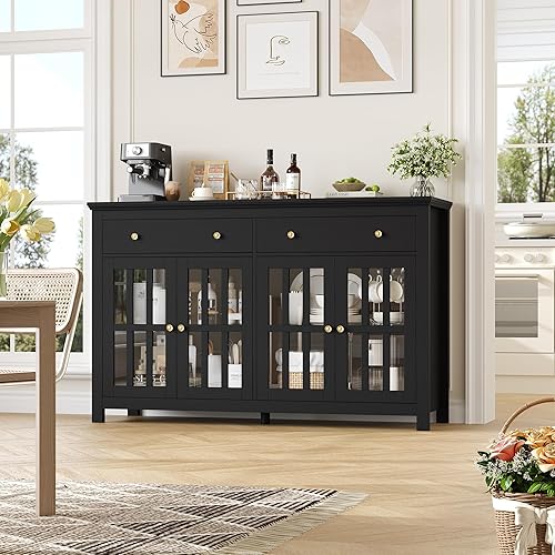 FirFurd Buffet Cuisine Meuble Cuisine Rangement avec 4 Portes 2 Tiroirs Étagères Réglables Bufffet Salon Salle à Manger 140x40x91cm Noir - Nail Gallerys